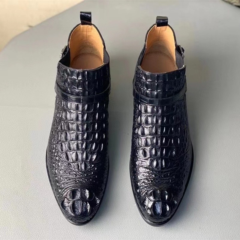 Authentic Exotic Crocodile Scales Skin Men's Winter Chelsea boots Genuine Alligator Leather High-Lift Buckle Strap Male Shoes