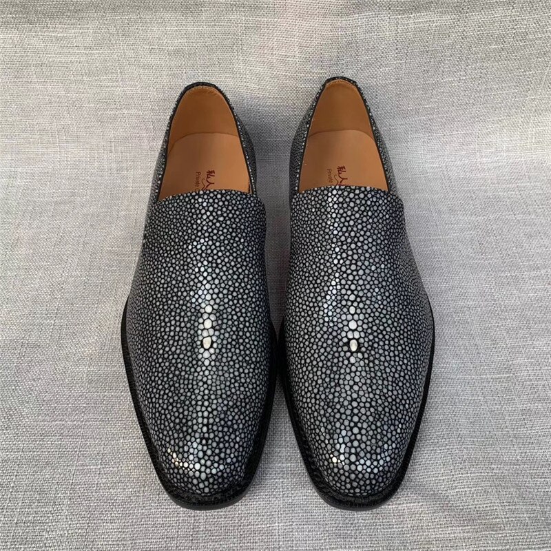 Authentic Sand Stingray Leather Businessmen Black Dress Loafers Exotic Genuine Skate Skin Male Slip-on Wedding Shoes For Suits