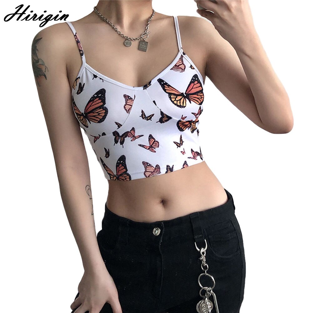 2021 Women Summer Butterfly Print Crop Short Tops Sleeveless Spaghetti Sexy Strap V Shape Neck Cami Tank Top