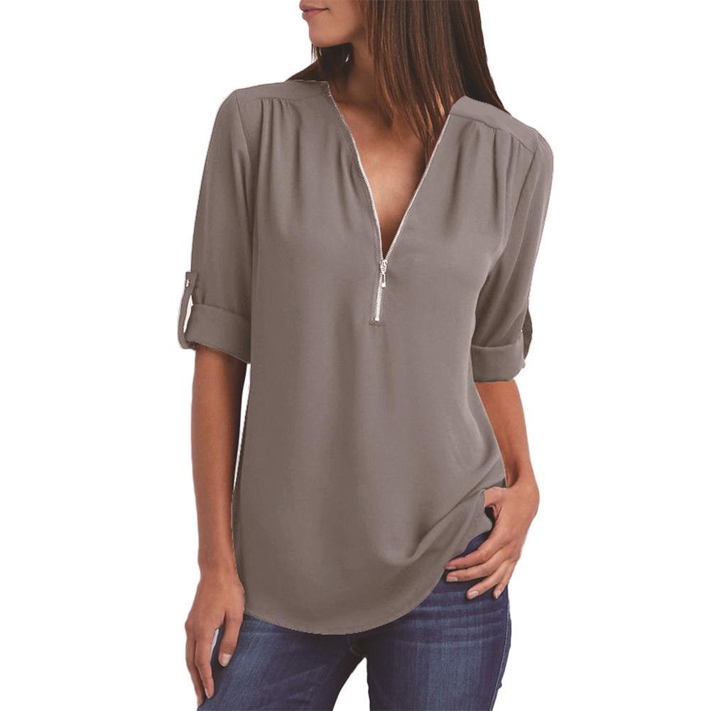 Blouse Woman Female Autumn Fashion Shirt Casual Office Lady Sexy Solid Color Zipper V Neck Half Sleeve Loose Shirt Блузки 2021