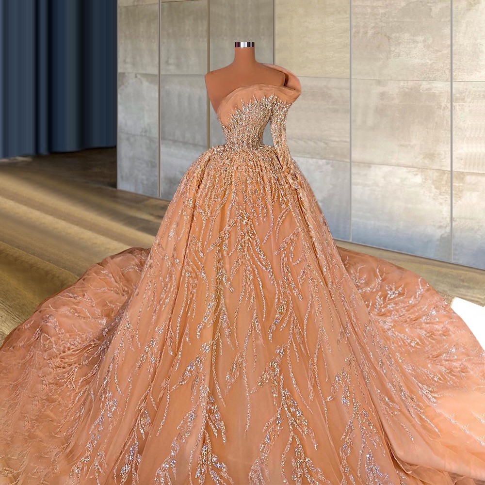 2021 New long train Glitter Princess Orange Dubai Wedding Dresses Islamic Turkish Single Sleeve Bridal Dress
