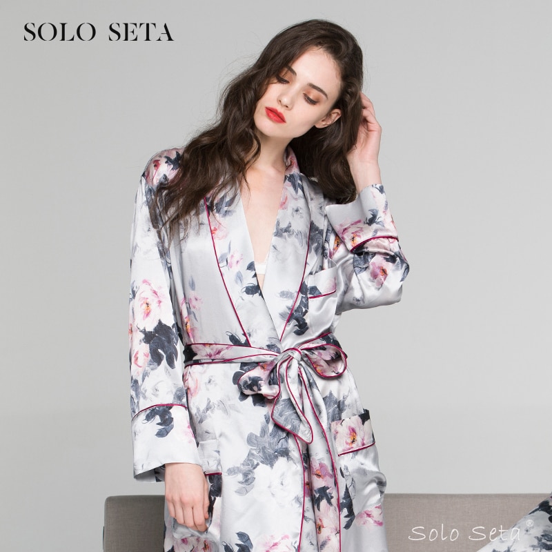 Soloseta women pajamas silk robe 100% mulberry silk flower household to take long with Japanese bathrobe