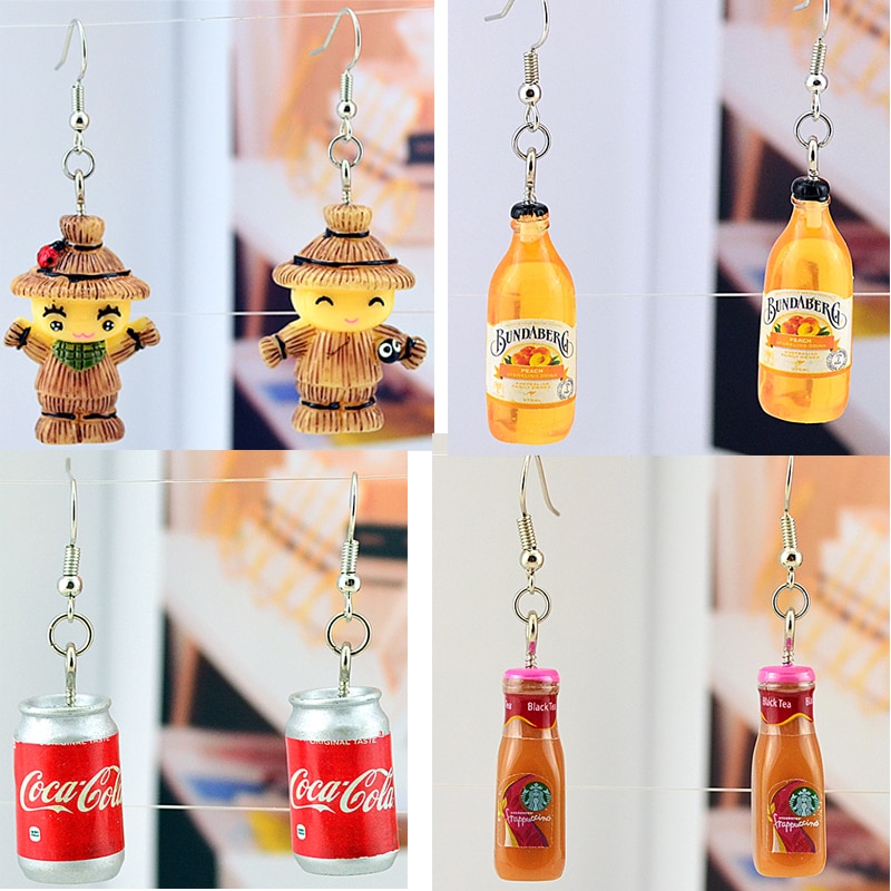 2021 New Simulation Of Scarecrow Coffee Coke Bottle Earrings For Women Cute False Candy Drink Drop Earrings Girl Jewelry 063