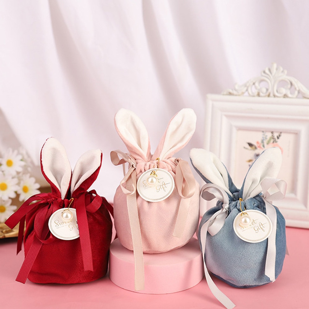 Easter Cute Bunny Gift Packing Bags Velvet Valentine's Day Rabbit Chocolate Candy Bag Wedding Birthday Party Drawstring Bag