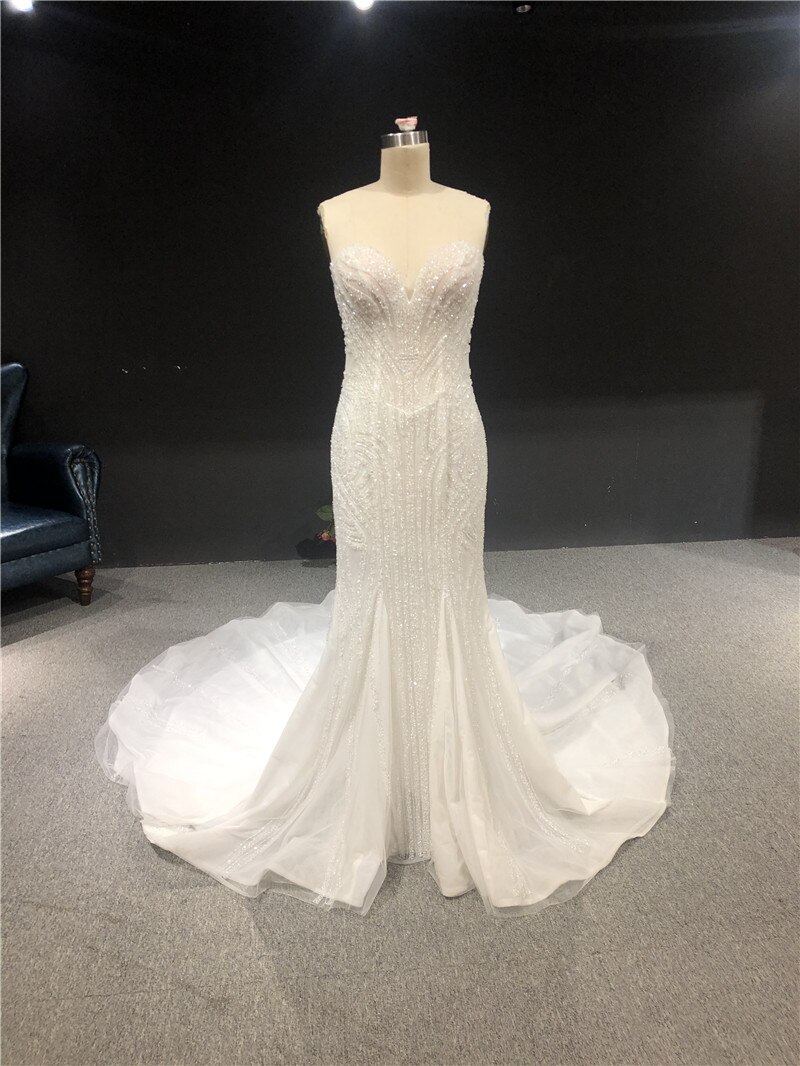 2021 Newest High Quality Real Pictures Ivory Strapless Crystal Beads Mermaid Zipper Floor Length With Train Wedding Dresses