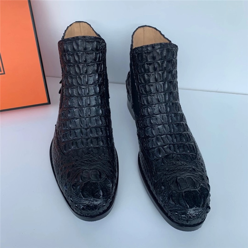 Authentic Exotic Crocodile Scales Skin Men's Winter Chelsea Boots Genuine Real Alligator Leather High-top Male Black Ankle Shoes