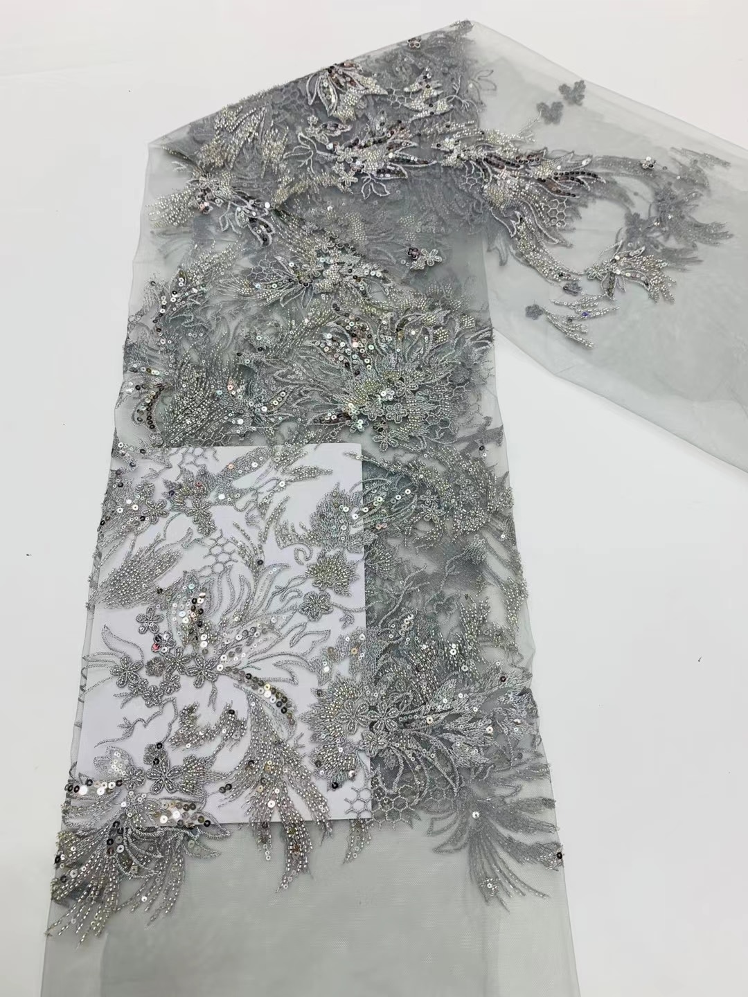 2021Latest Gray High Quality Elegant African Tulle Fabric Classic Embroidery Heavior Beaded Tube Lace For Wedding Dress NN578_C