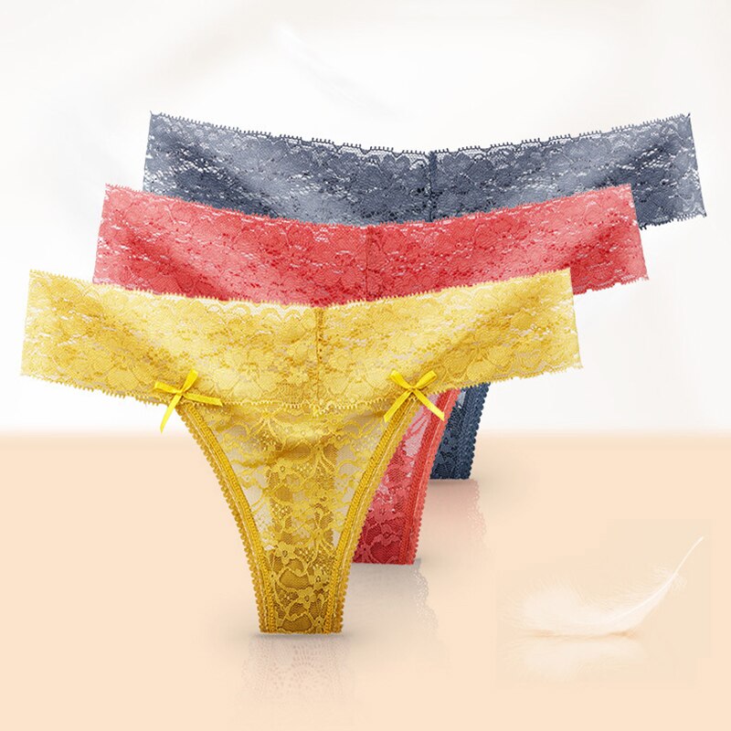 Sexy Lace Panties Women Low Waist Thongs Hollow Out Transparent Briefs Ladies Solid Color Underwear T-Back Underpants