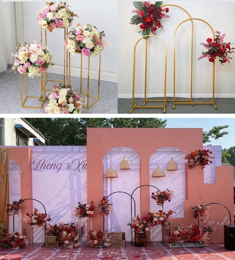 6pcs Outdoor Lawn Flower Door Iron Arch Wedding Pergola With Pillar Plinths Backdrops DIY Rack For Flowers Balloons Sash Decor