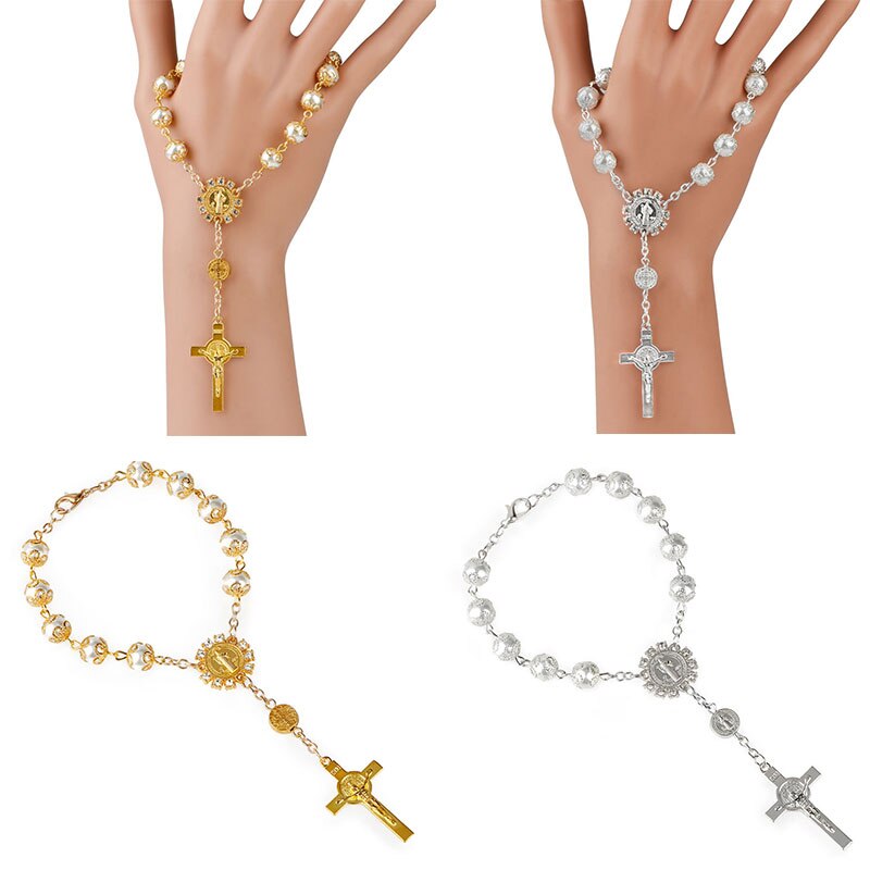 Religious Vintage Prayer Women Christian Bead Chain glass pearl Bead Religious Catholic Rosary Bracelet gold color