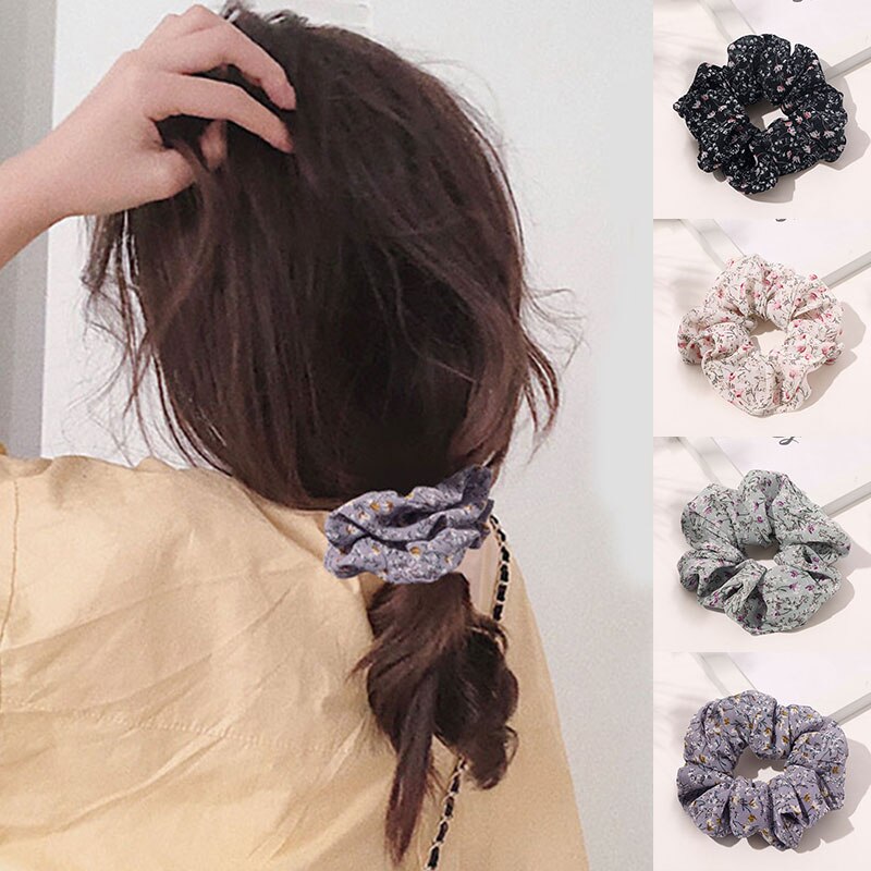 Chiffon Floral Hair Scrunchies Elastic Hair Rubber Band Ponytail Holder Soft Flower Print Scrunchies Sweet Hair Accessories