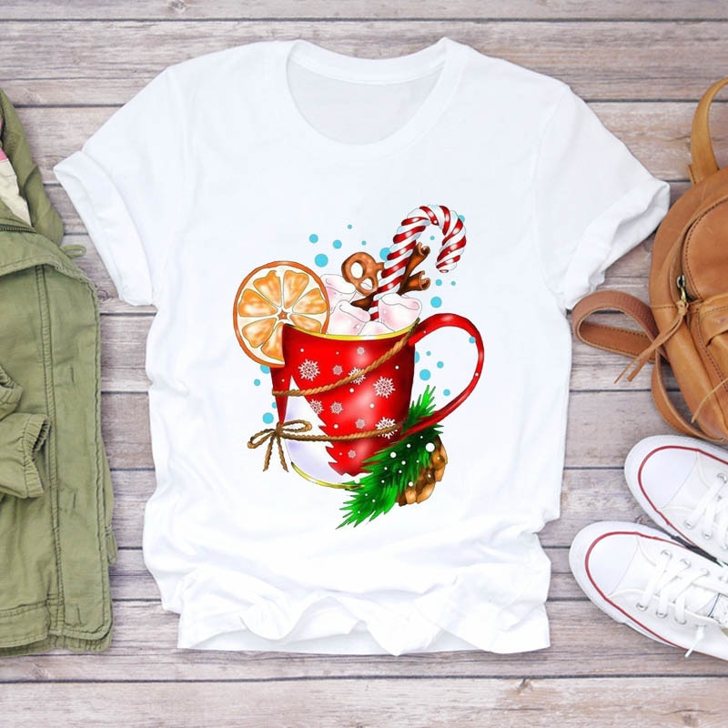 Women Cartoon Happy Time Holiday New Year Merry Christmas Print Tshirts Clothes Graphic Female Top T Shirt Ladies Tee T-Shirt