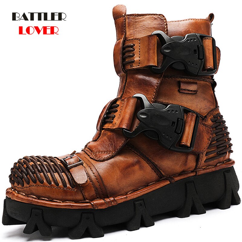 Men Gothic Style Motorcycle Boots 100% Genuine Cow Leather Martin Botas for Male Military Steampunk Biker Footwear Plus Size 50