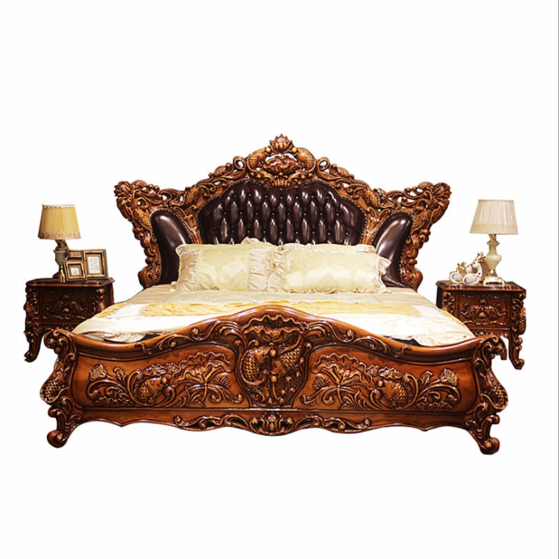 European-style bed, master bedroom, double bed, all-solid wood carved villa, large-sized bed