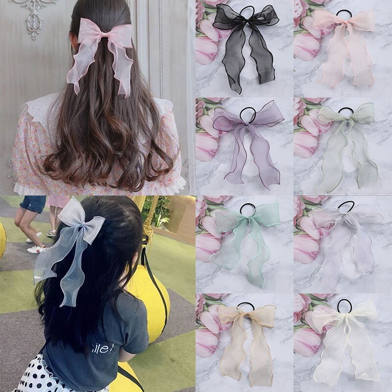 Bow Organza Streamers Hair Tie Soft Gauze Ponytail Hold Elastic Hair Band Long Ribbon For Women Solid Color Hair Accessories