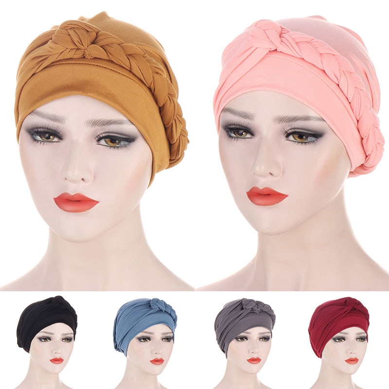 1pc Muslim Braids Turban Hat Women Grils Solid Color Fashion Hats Cotton Popular Soft High Elasticity Chemo Hat African Cap