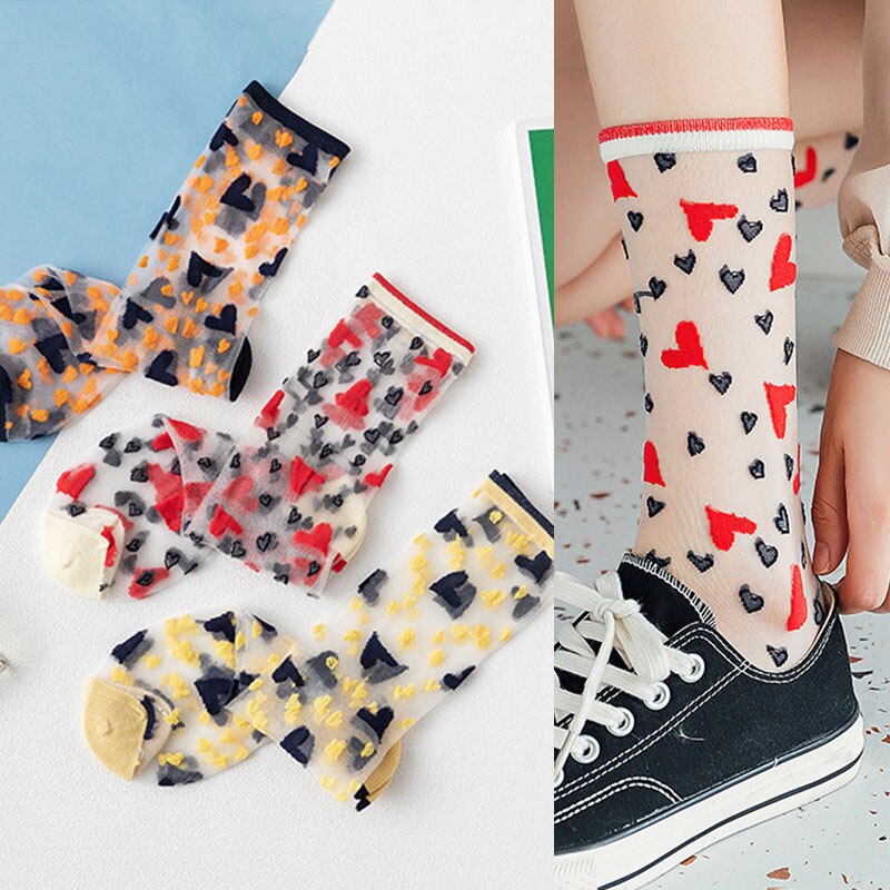 1 Pair Ultra Thin Glass Silk Socks Women Grils Fashion Printed Summer Socks Cotton Blended Heart Pattern Hosiery Short Socks