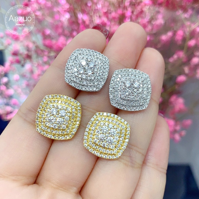 Aazuo Real 18K White Gold Yellow Gold Real Diamonds 1.60ct Fairy Big Square Stud Earrings gifted for Women Wedding Party Au750