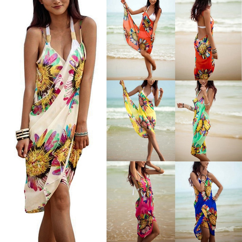 2021 Bohemian Women Summer Beach Dress Bikini Cover-ups Swim Wear Cover Up Cotton Tunic Sexy Deep V-Neck Robe Caftan Summer