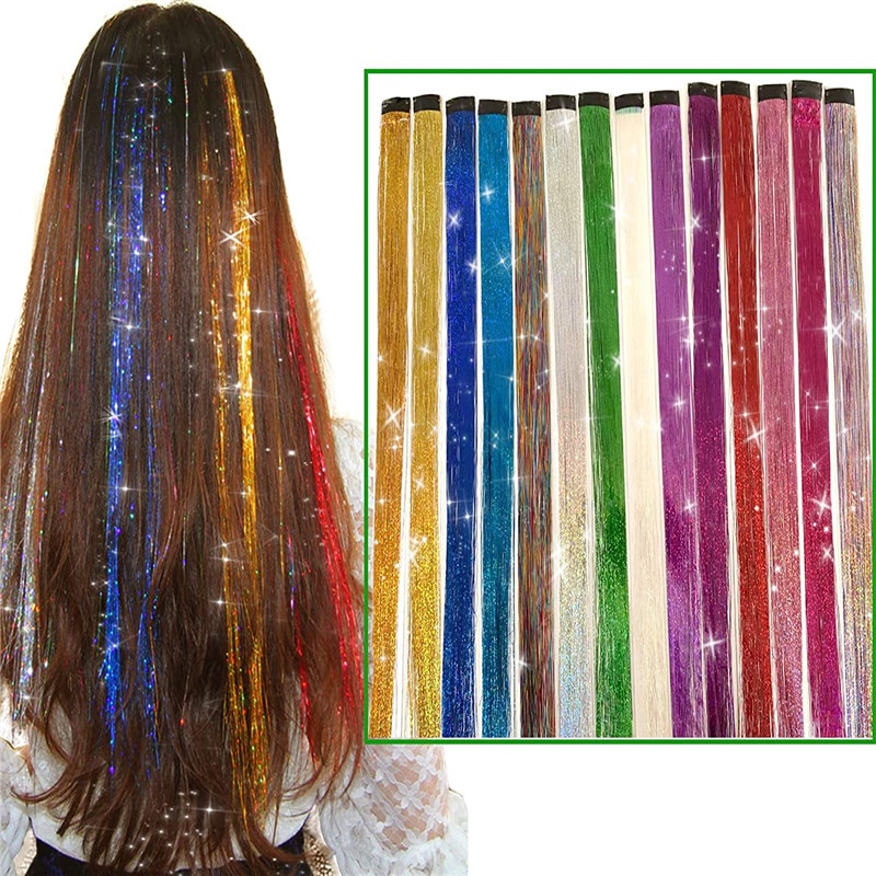 16 colors Glitter Hair Extensions Sparkle Hair Tinsel with Clip Highlights False Hair Strands 1pc Clip In Bling Hair