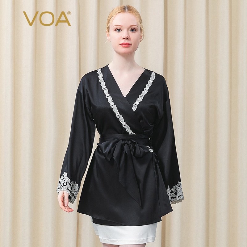 VOA Black Silk Robes for Women NE006 High Quality Luxury Nightdress Embroidered Lace Silk Nightgown Leisure Comfort Sleepwear