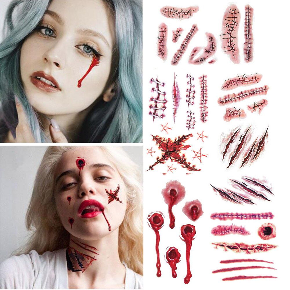 Halloween Zombie Temporary Tattoo Sticker With Fake Scab Bloody Makeup Halloween Decoration Wound Scary Blood Injury Sticker