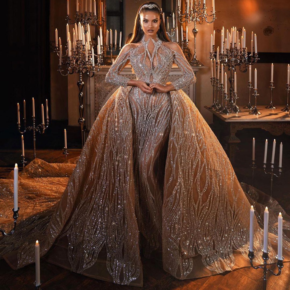 Luxury Champagne Rose Silver Glitter Dubai Wedding Dresses Middle East Arabia Muslim Long Sleeves Two In One Wedding Gown