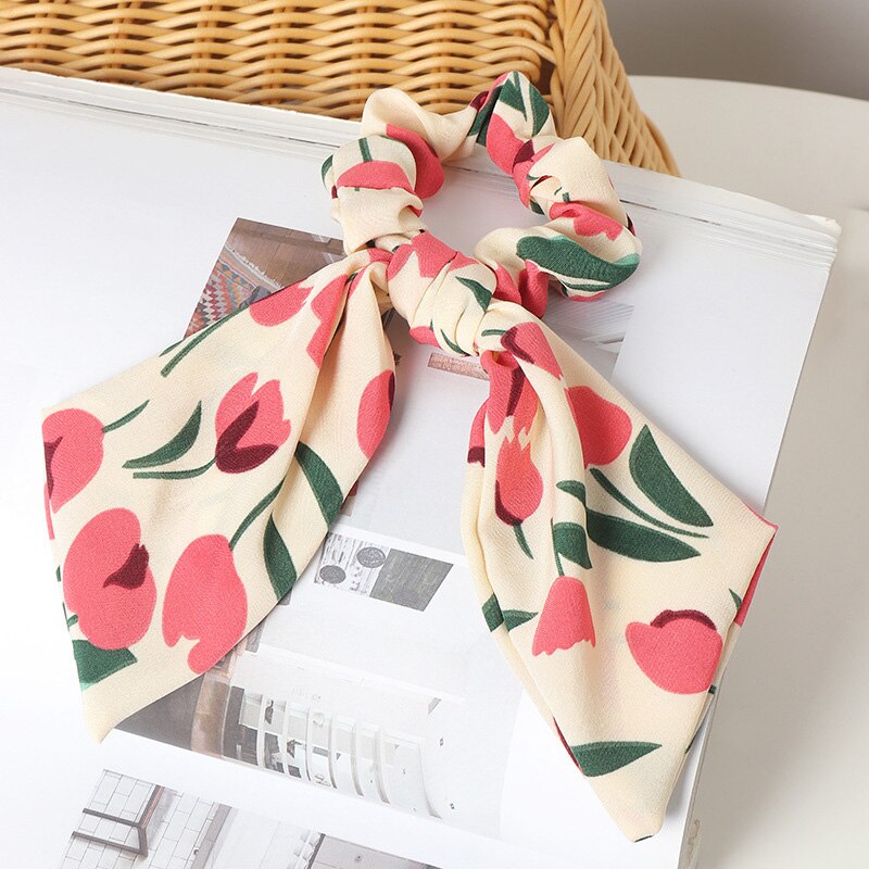 Floral Print Hair Bow Hair Scrunchies Girls Elastic Hair Bands Ponytail Hair Scarf Sweet Hair Accessories Long Ribbon Hair Rope