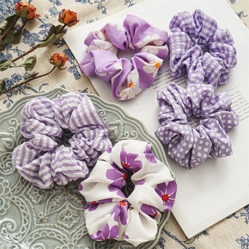 Korean Purple Series Scrunchie Elastic Hair Rubber Bands Plaid Striped Hair Ring Flower Print Hair Rope Girl Headwear Hair Ties