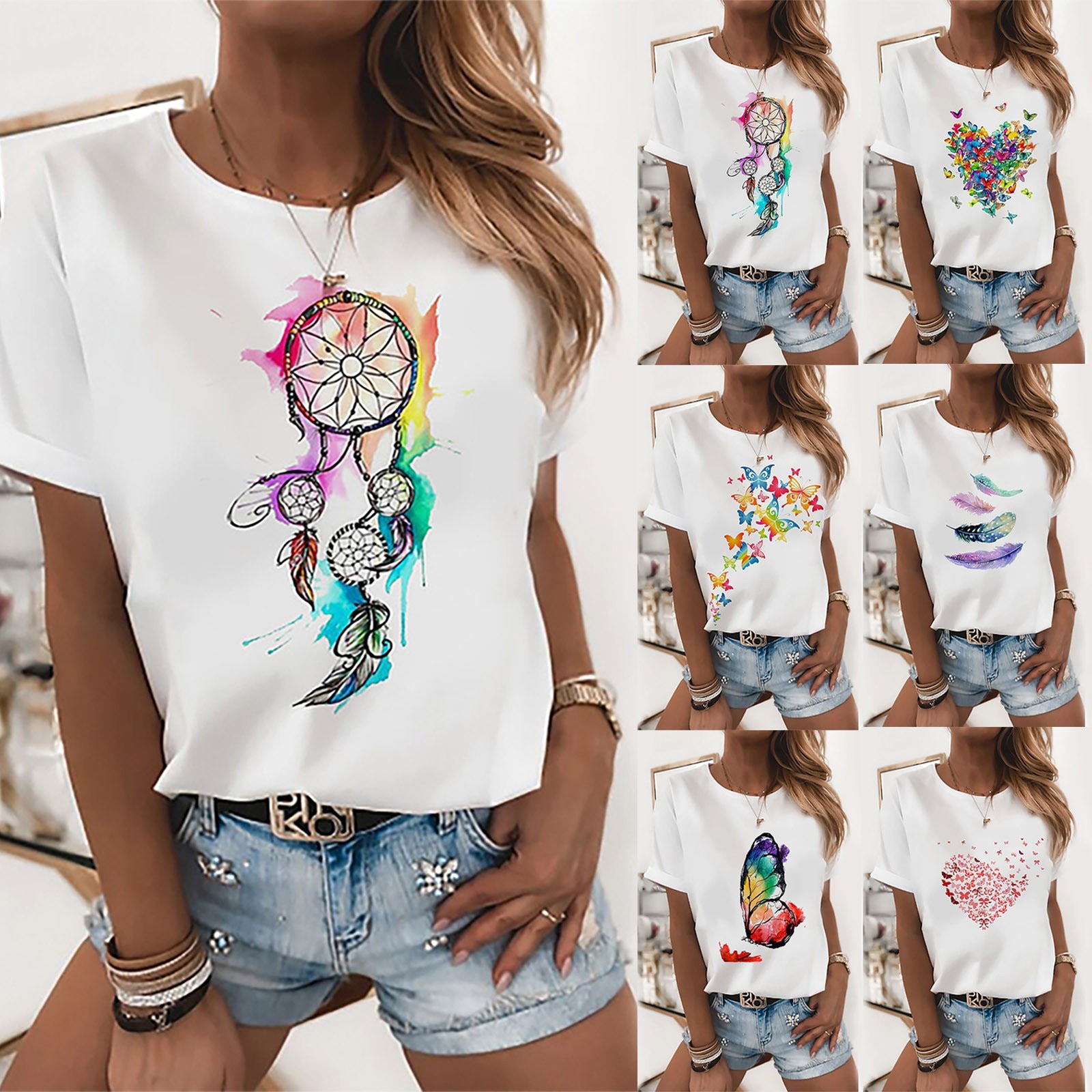 Women's casual summer-fun butterfly print fashion loose short-sleeved T-shirt Tees Tshirt 90s Girls Fashion Female Tops Woman Ts