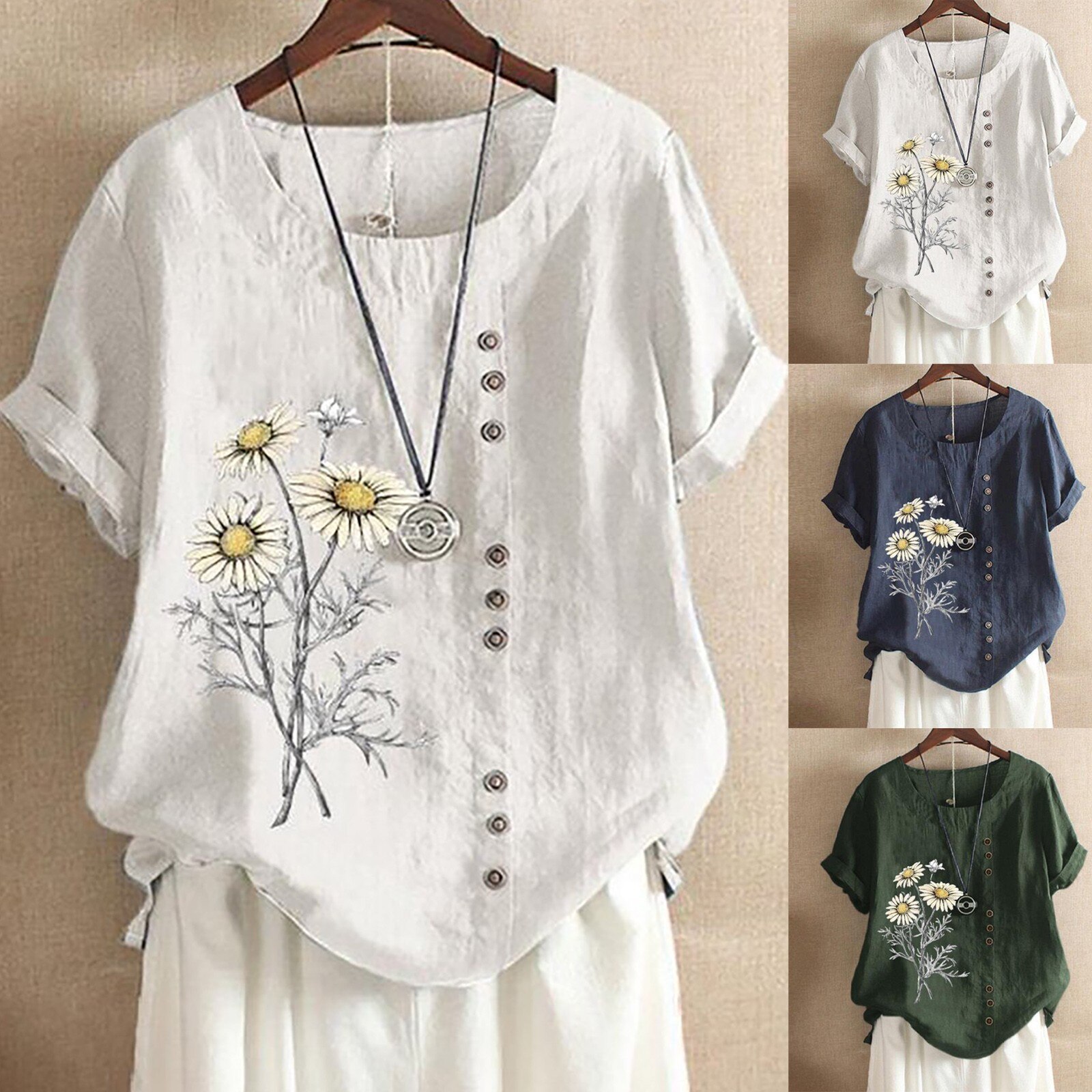 Plus Size Linen Blouses Lady Fashion Women Vintage O-neck Floral Button Shirt Casual Short Sleeves Top Blouse Blusa Feminina