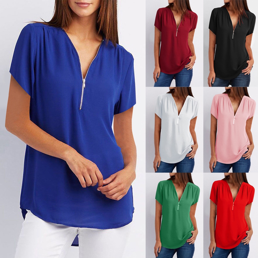 Bluses For Womens Casual Summer Tops office shirt Ladies V Neck Zipper Loose shirt Top Summer Blouse Tee femme camisas de mujer