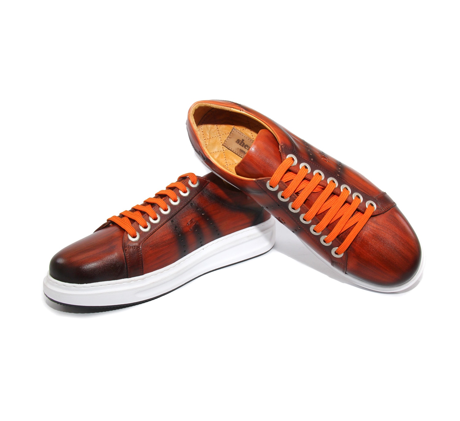 Premium Handmade Sport Sneaker, Hand Dyed Patina Leather, Striped Pattern, Exciting Design Brown Orange Color for Fashion Lovers