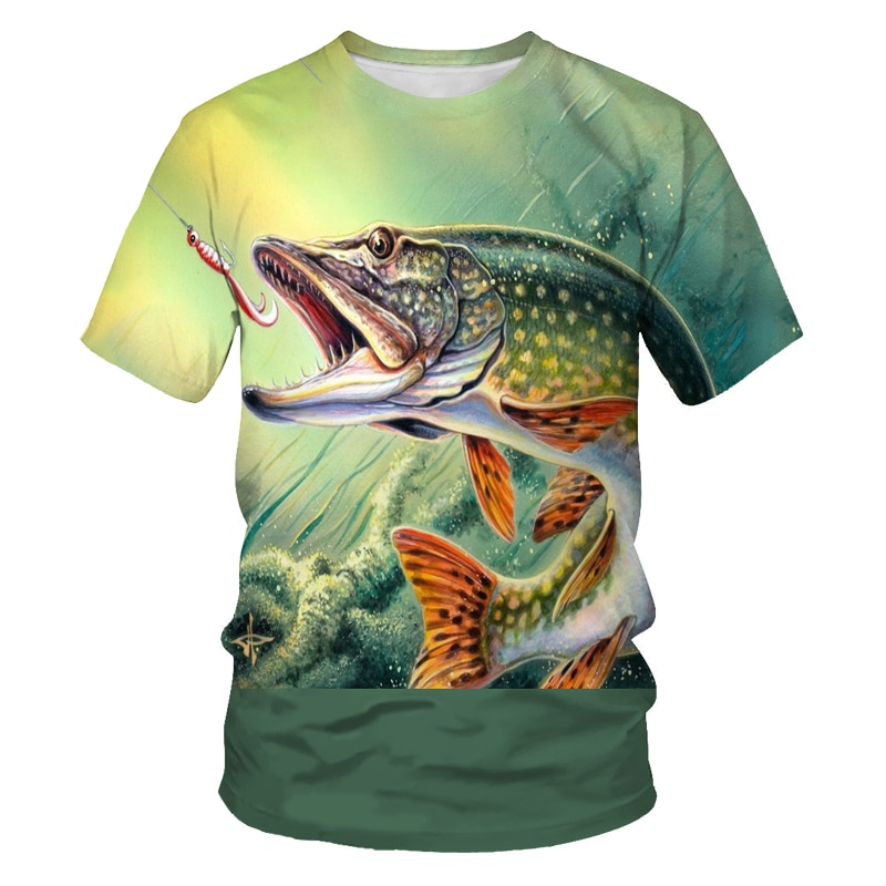 3d Cartoon kids clothes Green Bigmouth Fish 3D print Cute fishing pattern T-shirt Weekend Boys girls fashion casual O-neck