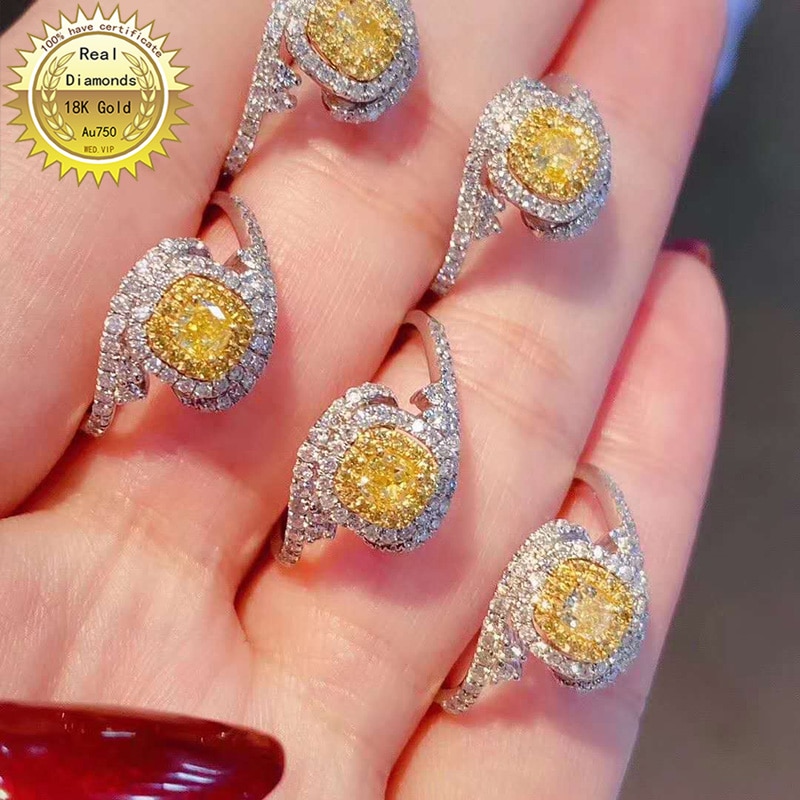 100% 18K white gold ring natural yellow diamond with white diamond ring all use 0.58ct diamond H-M10