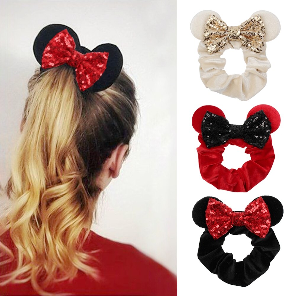 2021 New Arrival Pretty Mouse Ears Sequins Hair Bow Women Velvet Scrunchies Fashion Waist Hair Bands Headband For Girl Headwear