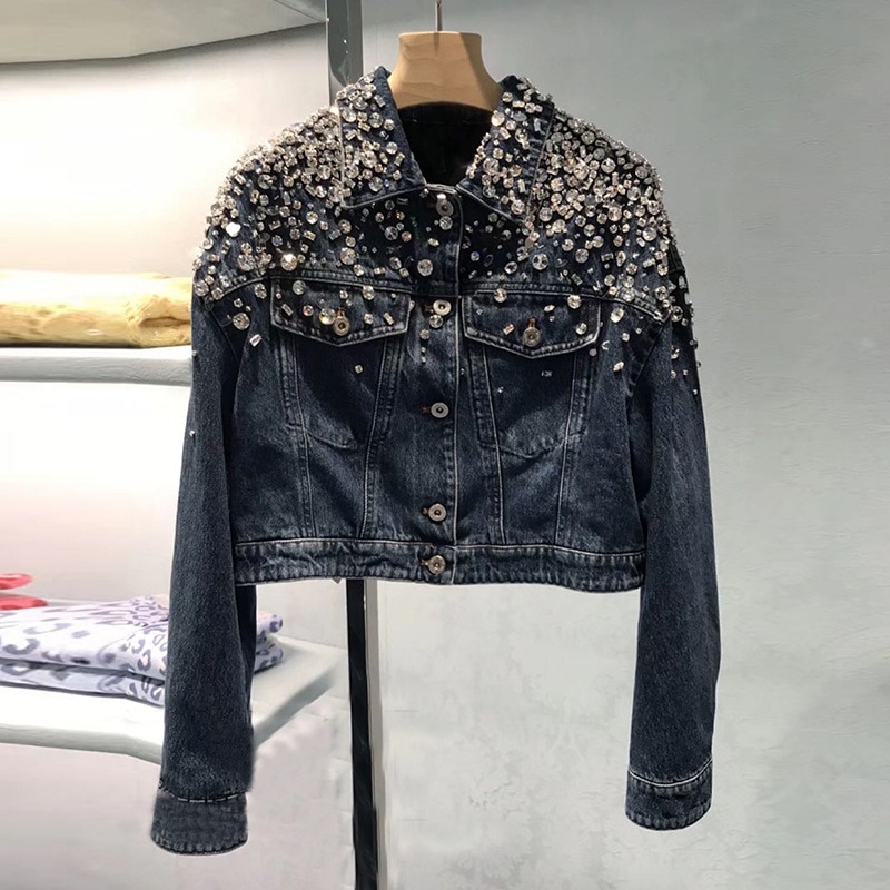 Spring Autumn Fashion Women's High quality diamonds denim jackets C296