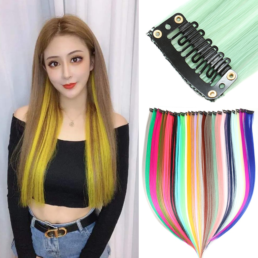 Tinashe Beauty Clip In One Pieces Hair Extensions Straight Ombre Purple Blue Pink Extension Hair Women Synthetic False Fake Hair