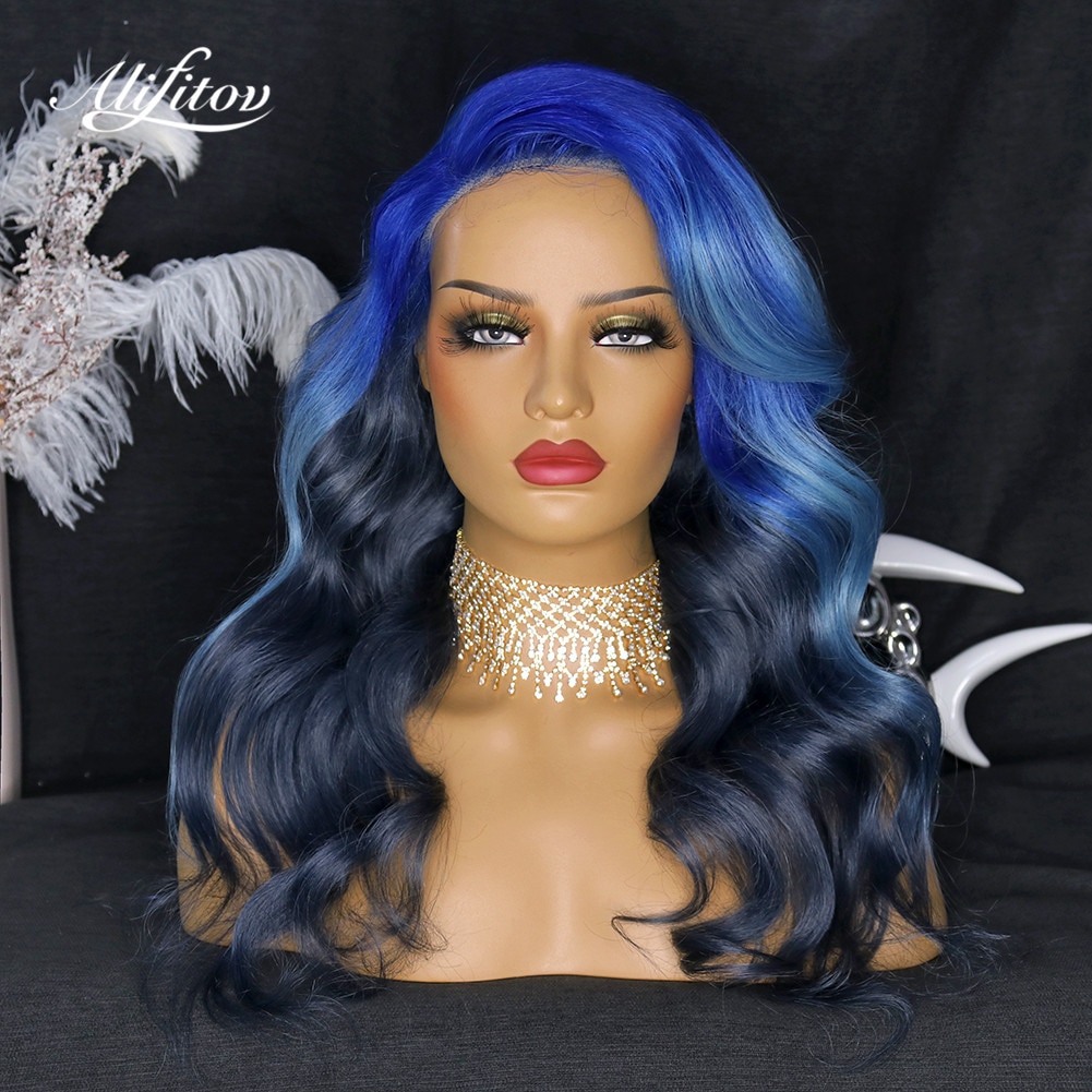 ALIFITOV Body Wave Lace Front wigs Ombre Darkgrey Blue Lace Front Human Hair Wigs Pre Plucked Hair Wigs For Women