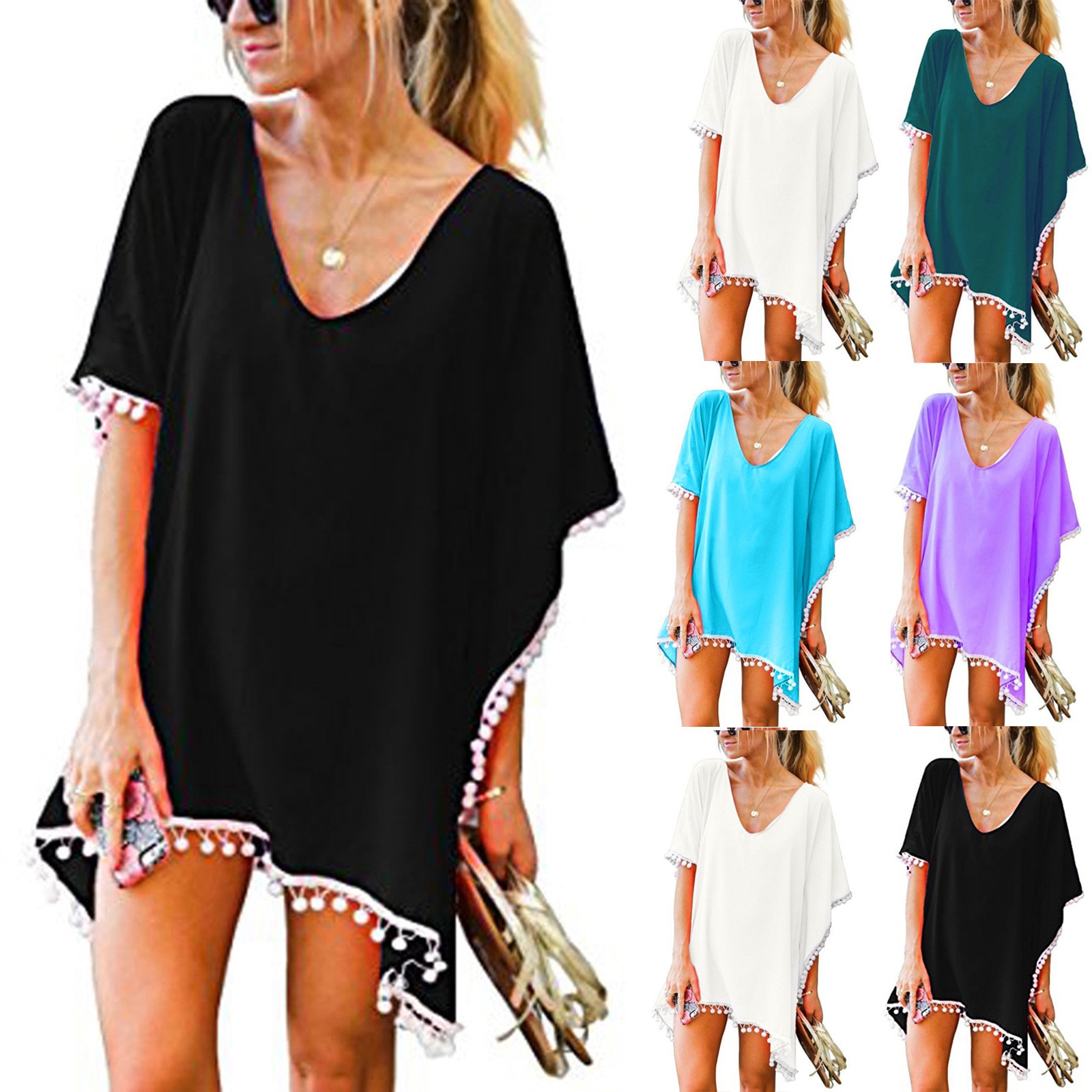 Fashion Solid Kaftan Chiffon Tassels Blouse Bikini Cover Up Summer Casual Ladies Tops Female Women Short Sleeve Blusas Pullover