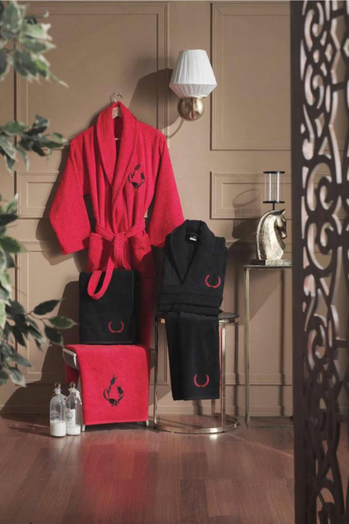 Elegant Family Robe Set 100 Cotton-Red Black