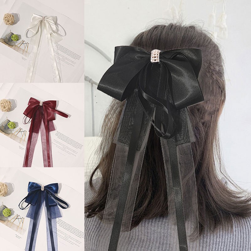 Big Bow Satin Hair Clips For Women Elegent Pearl Bow Streamer Hair Ribbon Hairpins Ponytail Hair Clips Lace Tassel Hair Bows Hot