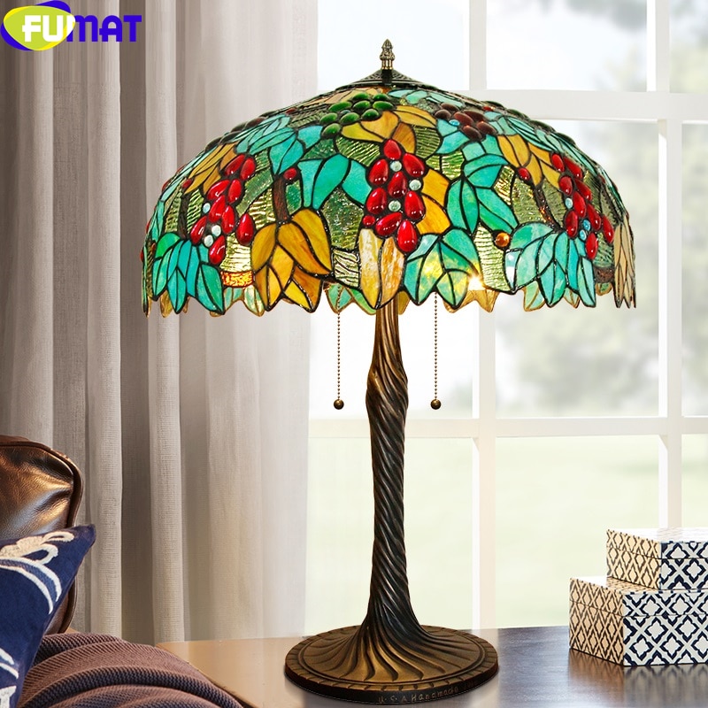 FUMAT Desk Lamp Tiffany Style Blue Red Yellow Leaf Grape Stained Glass Table Light Brozne Casted Tree Home Art Luxurous Decor