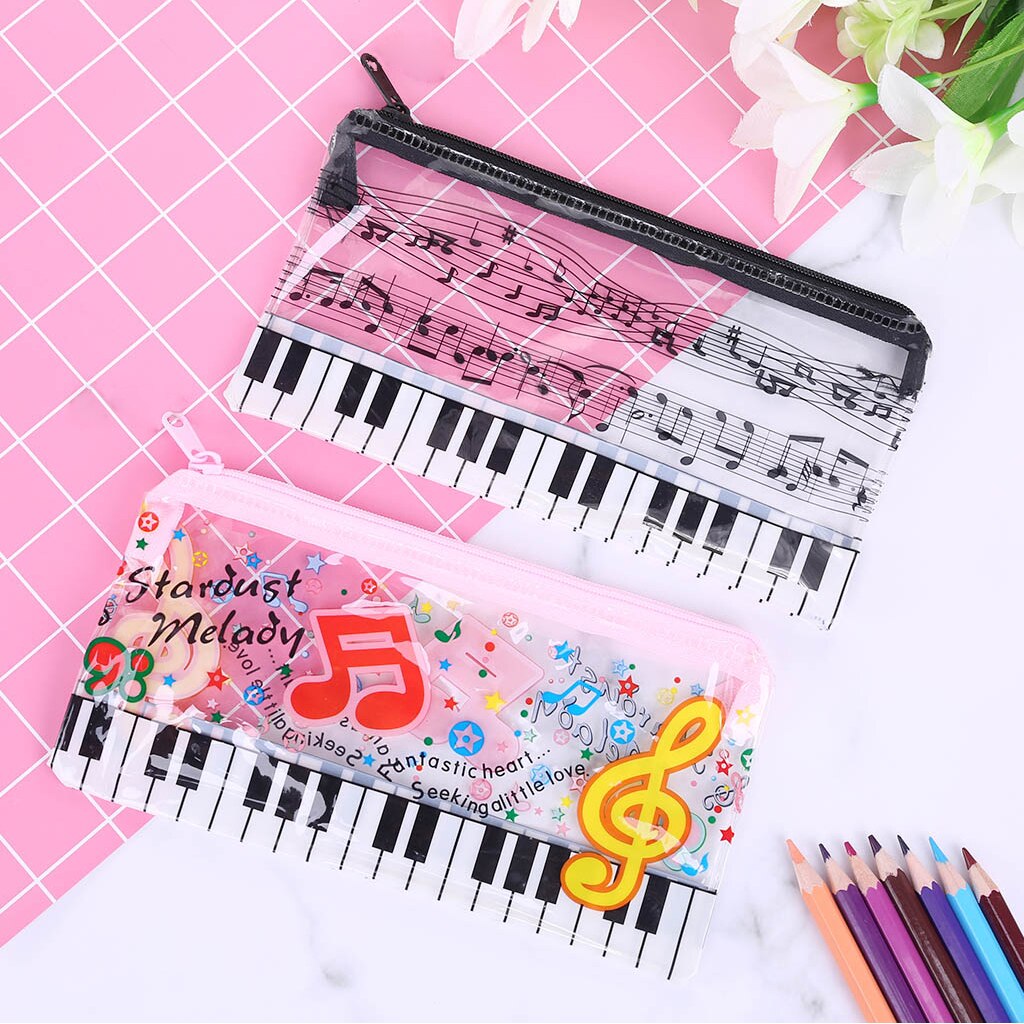 Zipper Closure Music Note Piano Keyboard Pencil Case Plastic Transparent Pen Bag Student Gift School Office Supplies