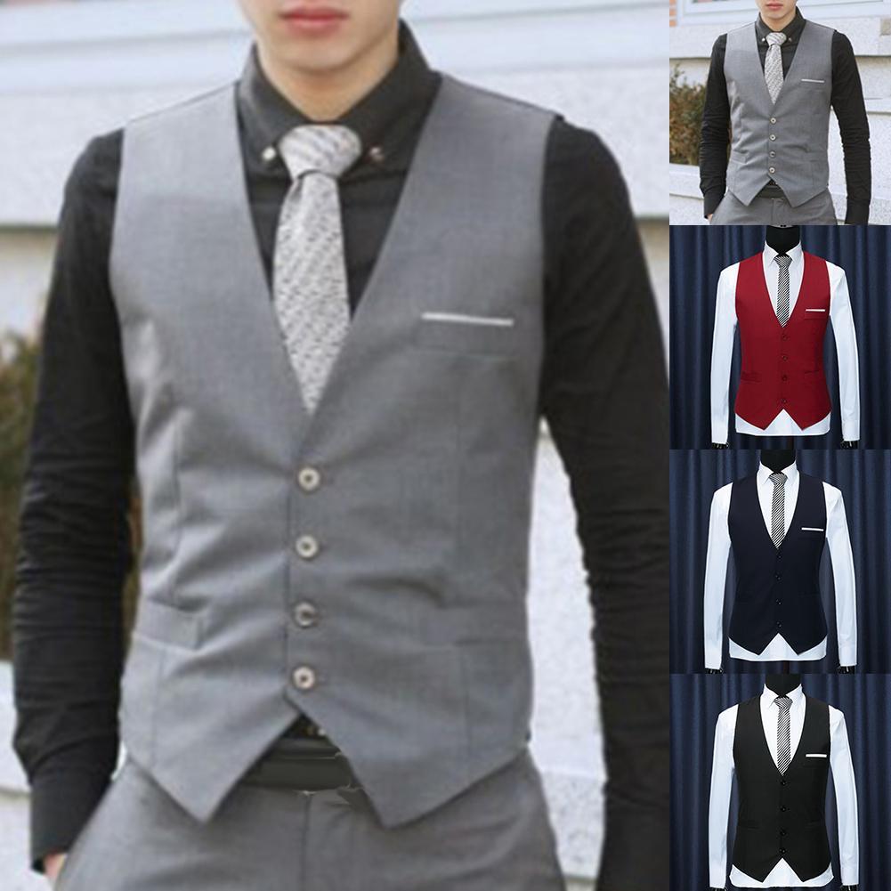 Fashion Office Men Solid Color V Neck Sleeveless Button Waist coat Vest Men Suit Waist coat Vest