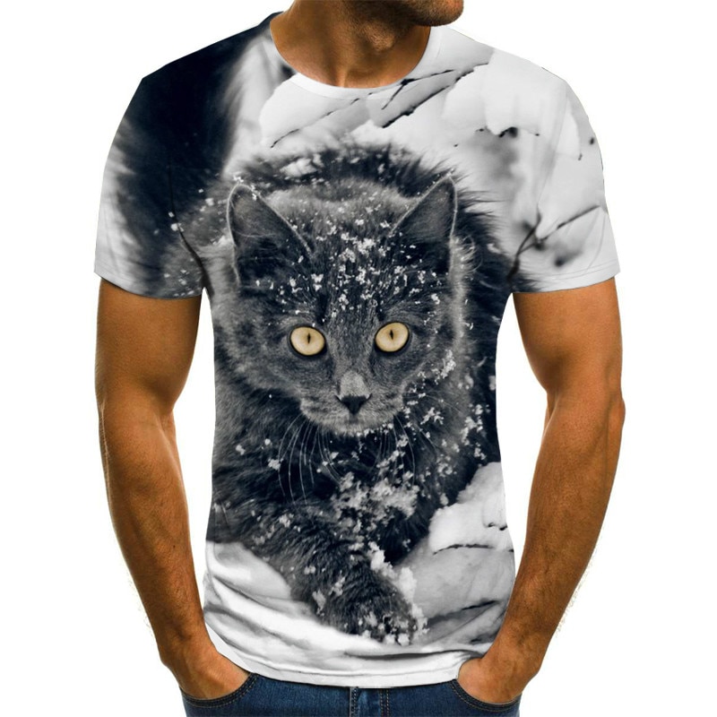 3D printed cat print sweat-absorbent breathable T-shirt casual O-neck short-sleeved top 3D printed fashion couple outfit