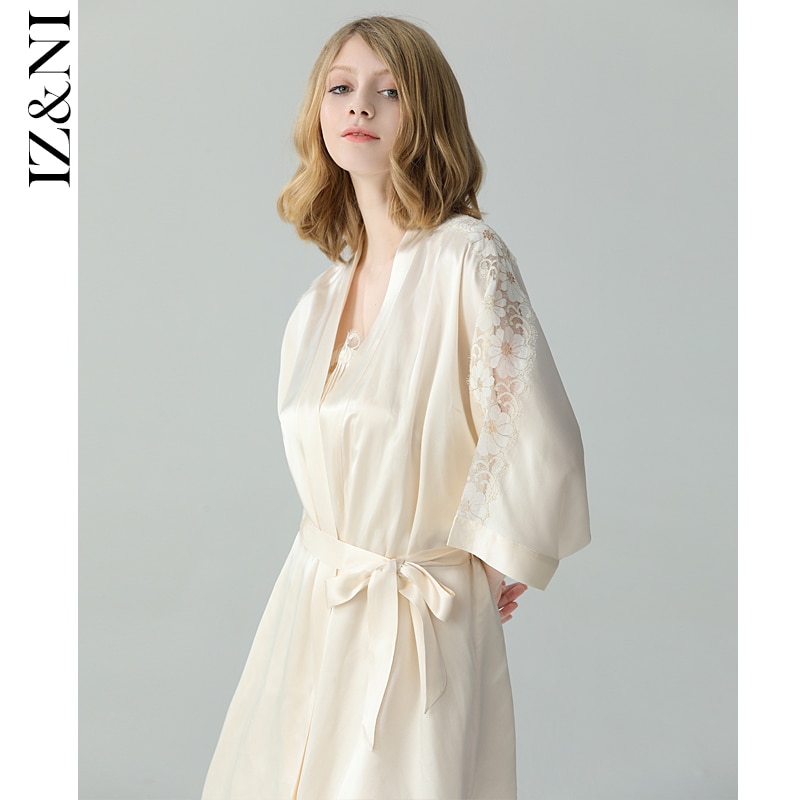 IIZZINI 2021 pure silk robe female xia 2 pieces of thin silk luxurious night gown bathrobe morning gown