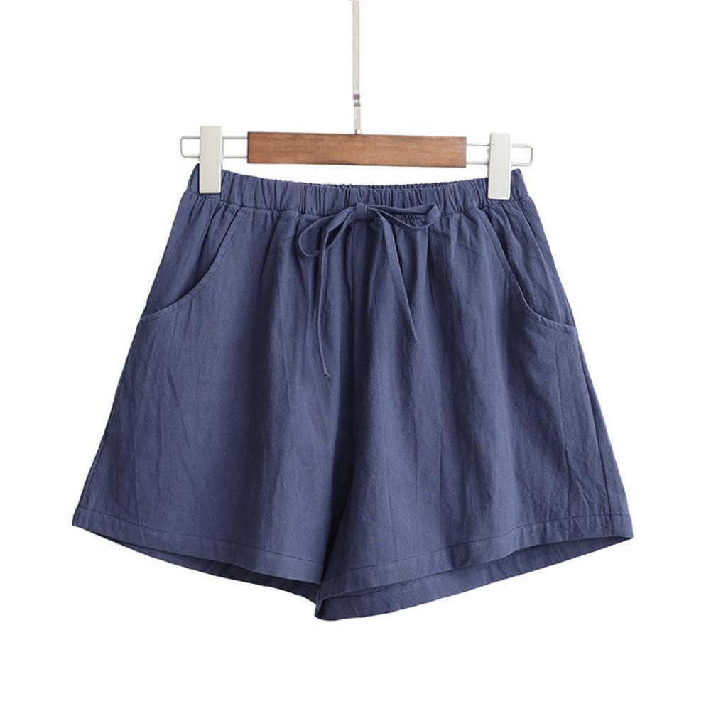 Women Casual Solid Color High Waist Drawstring Pockets Elastic Cotton Shorts