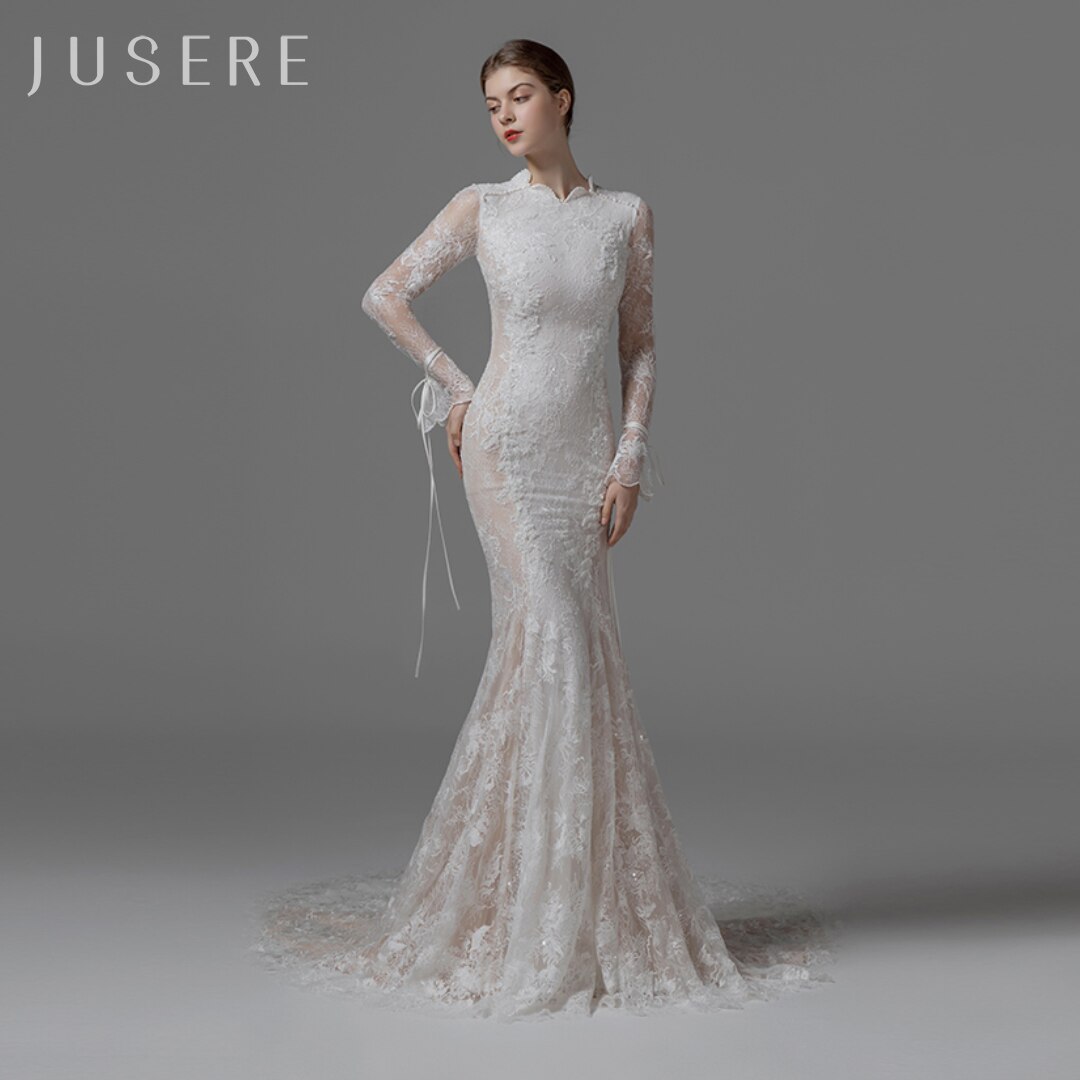 Jusere O-neckline long sleeves bridal dress wedding dress bridal gown mermaid beaded dress