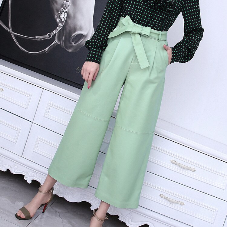 Spring Autumn 2021 New Designer women's bowtie High-rise leather pants High quality genuine leather wide-leg pants C478